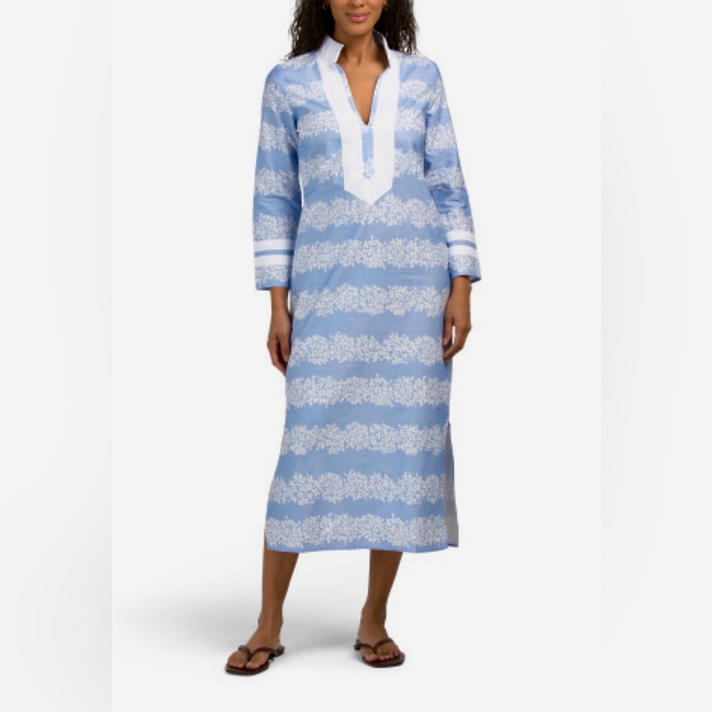 Sail to Sable Caftan Tunic Midi Cotton Dress Blue Hydrangea Pattern SMALL NWT
